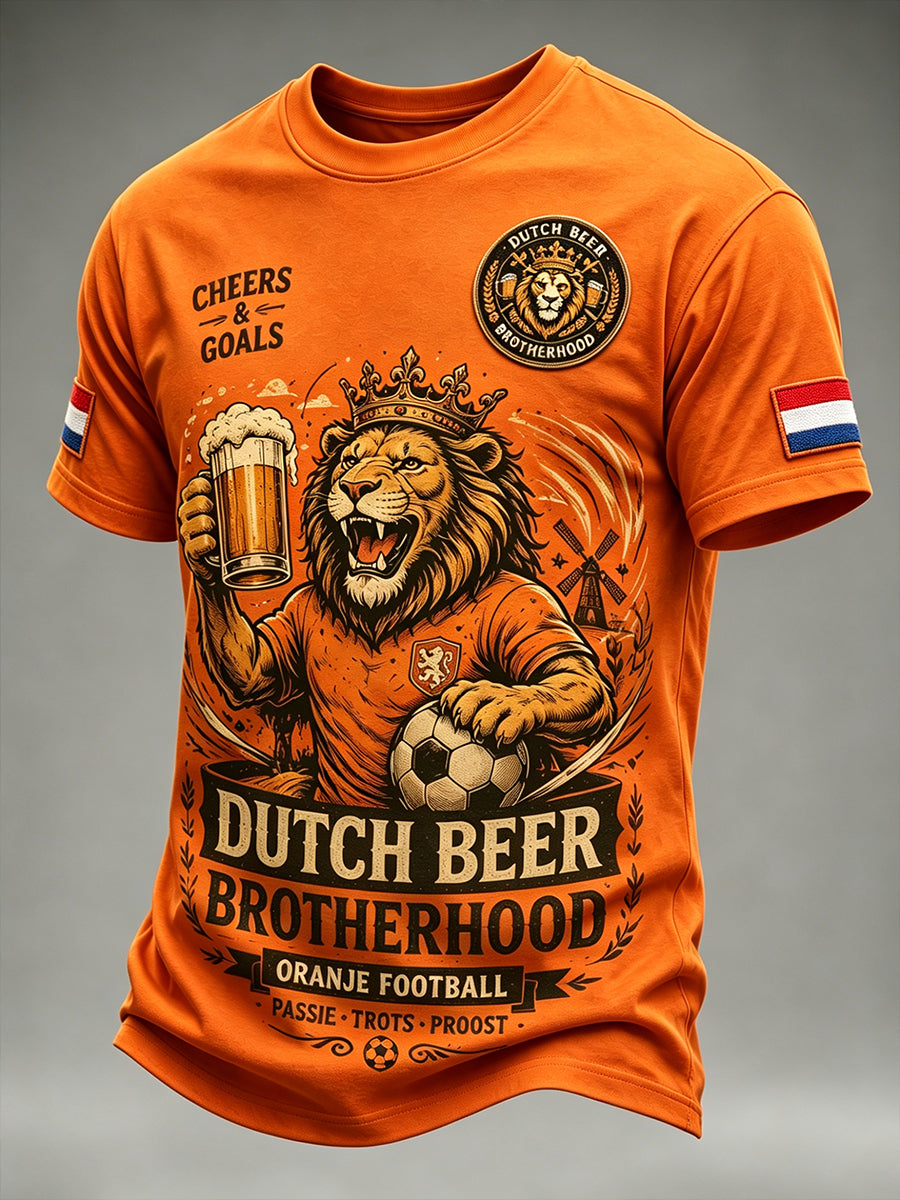 Heren T-shirt in retrostijl met leeuwen- en bierprint, casual, korte mouwen