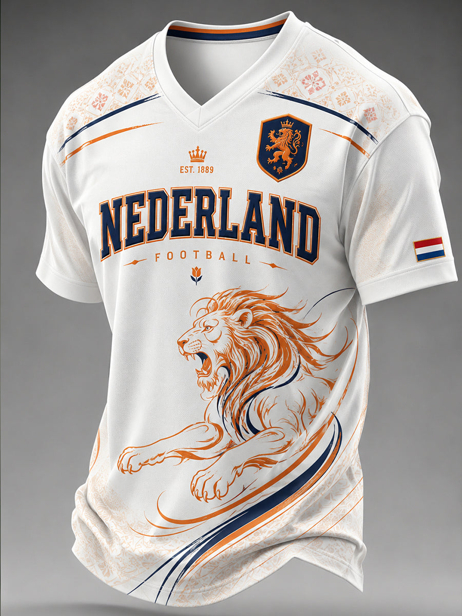Lion Football Print Casual T-shirt met korte mouwen en V-hals