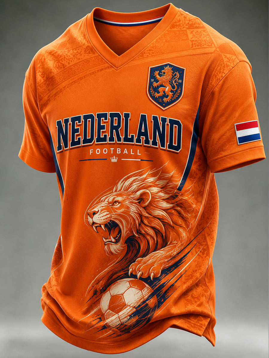 Heren T-shirt met leeuwenprint, voetbalthema, casual, korte mouwen en V-hals