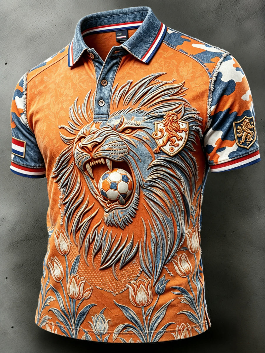 Nederlandse Leeuw Voetbal Camouflage Patchwork Print Casual Poloshirt