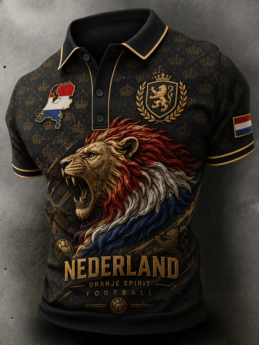 Herenpoloshirt met korte mouwen en voetbalprint van Crown Lion