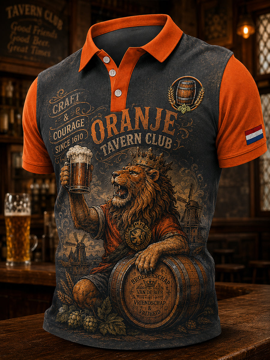Herenpoloshirt met retro leeuwen- en bierprint en korte mouwen