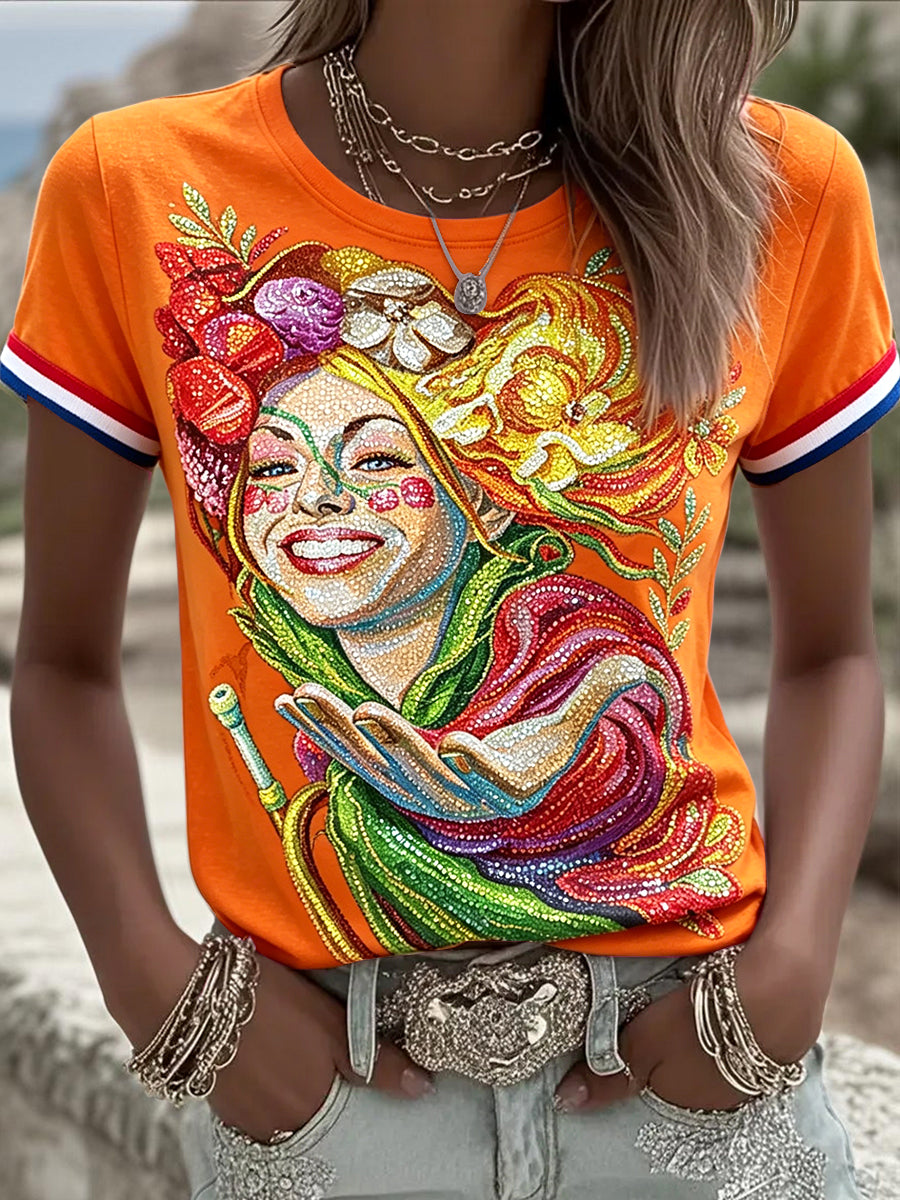 Dames Oranje Rotterdam Zomer Carnaval Print Casual T-shirt