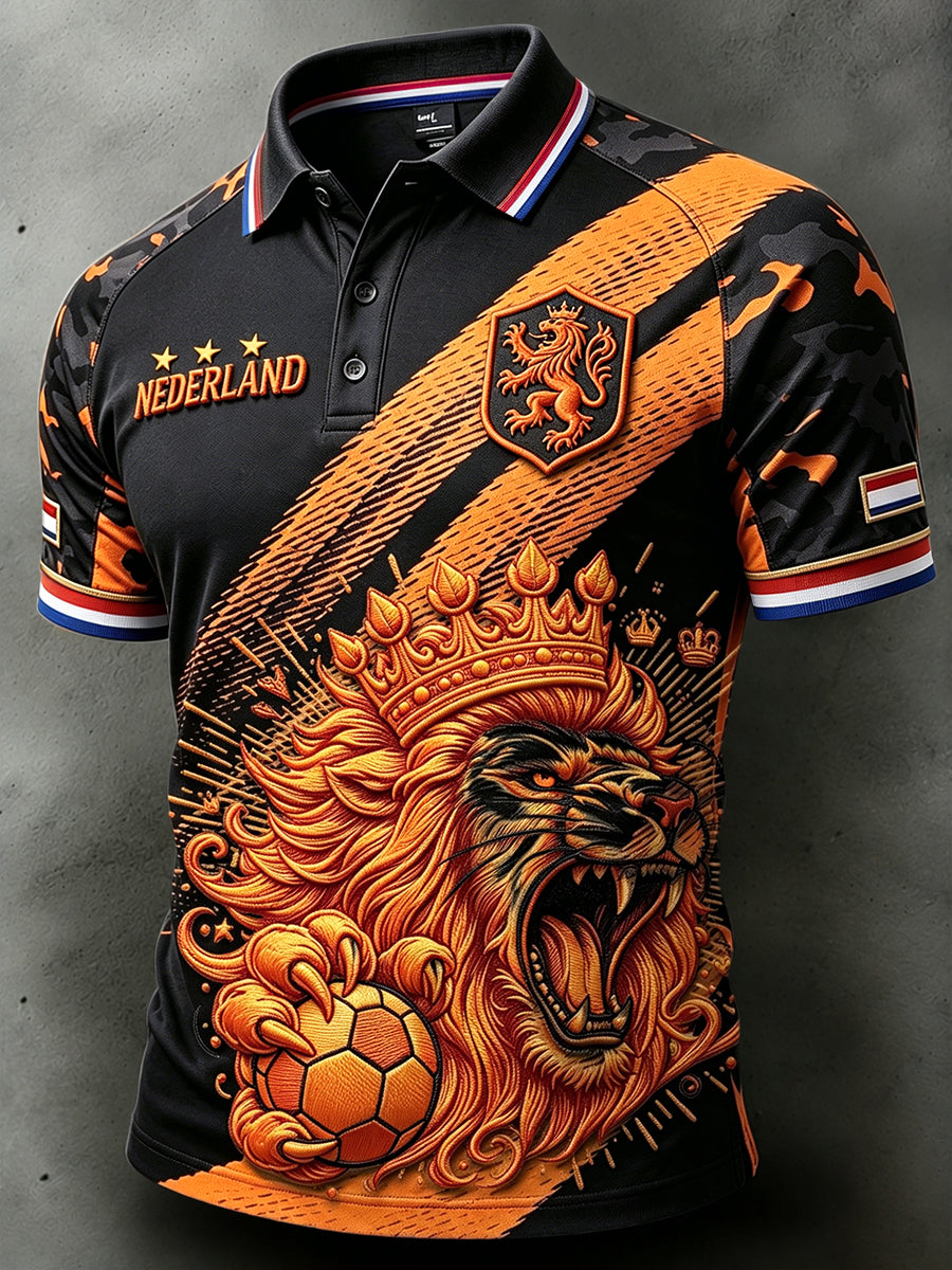 Heren zwarte Nederlandse Voetbal Leeuw Camouflage Patchwork Print Casual Poloshirt