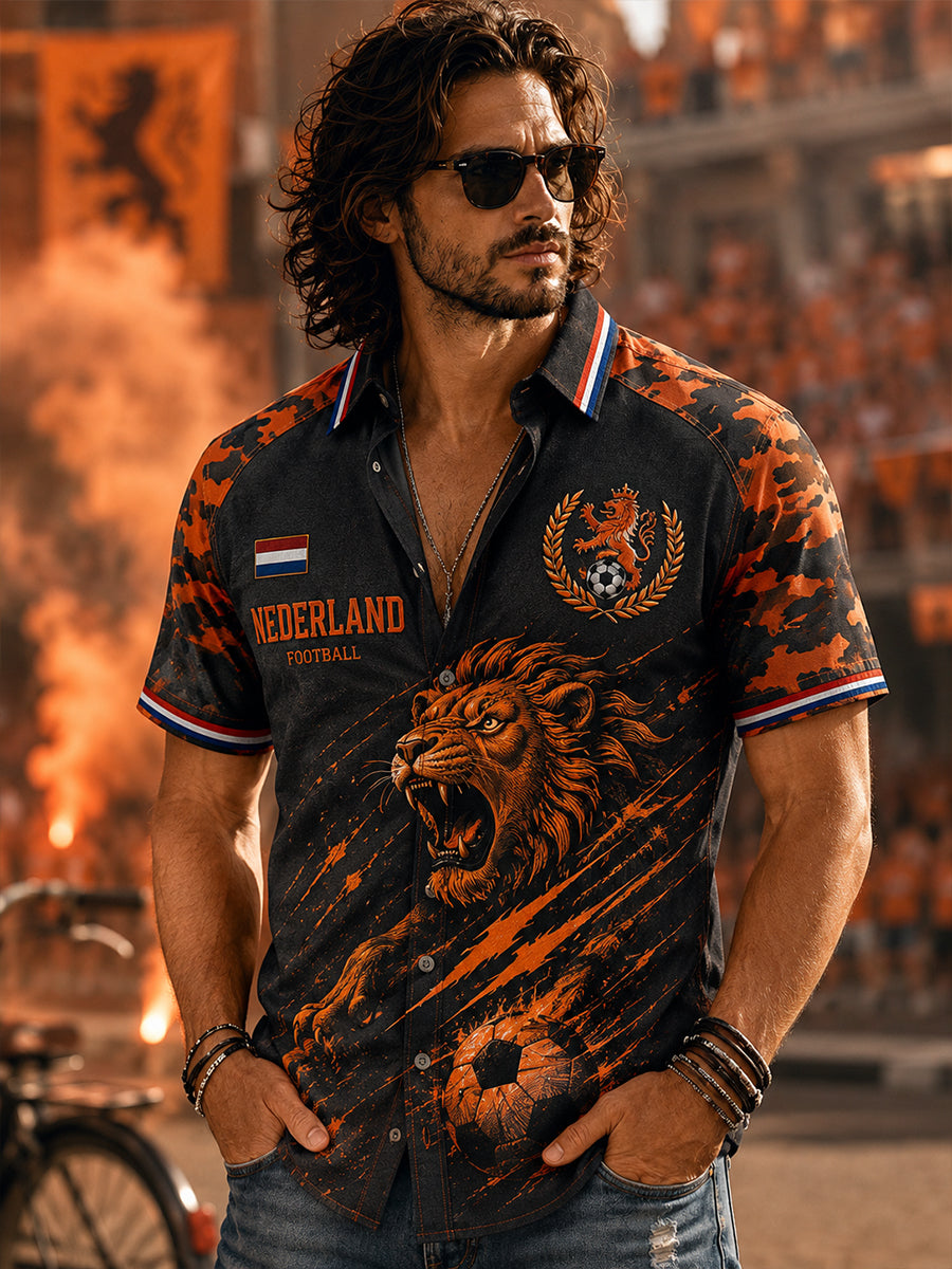 Herenoverhemd met korte mouwen en print van een leeuw en voetbal