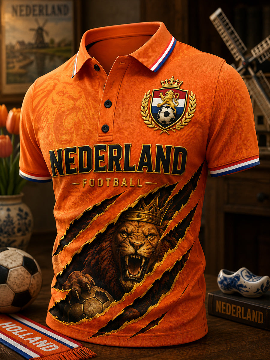 Herenpoloshirt met korte mouwen en print van een leeuw en voetbal