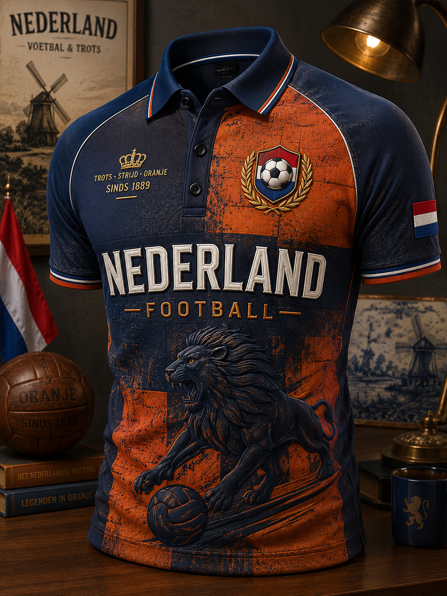 Herenpoloshirt met korte mouwen en print van een leeuw en voetbal