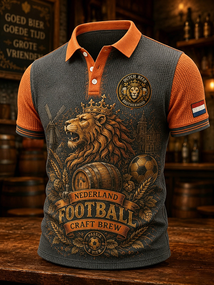 Herenpyjama met leeuwenbierprint en wafelpatroon, poloshirt met korte mouwen