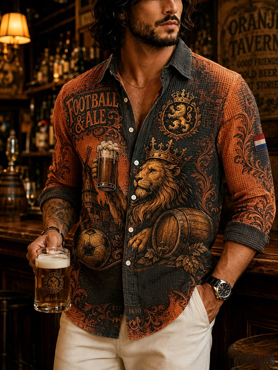 Herenjurk met leeuwenbierprint en wafelpatroon, shirt met lange mouwen
