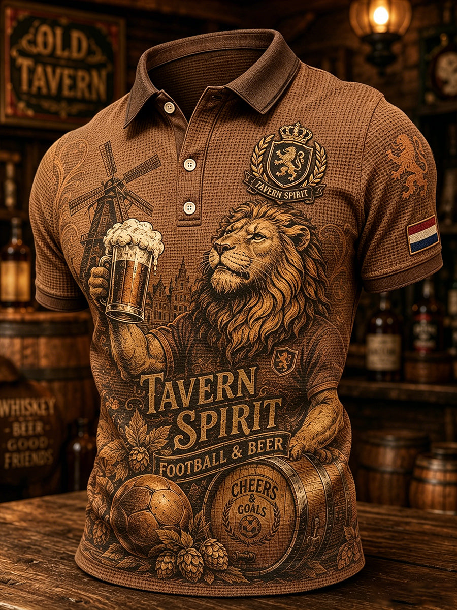 Herenpyjama met leeuwenbierprint en wafelpatroon, poloshirt met korte mouwen