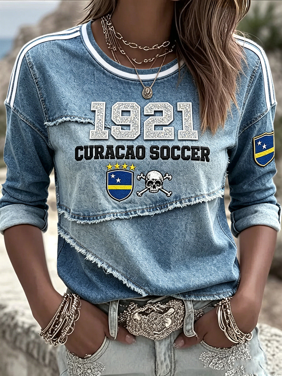 Dames Curacao voetbal 3D spijkerstof-effect patchworkprint casual T-shirt met lange mouwen