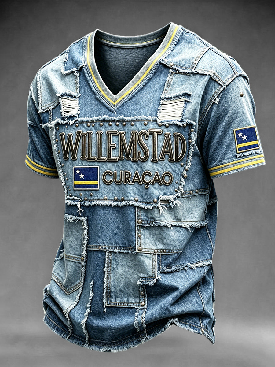 Heren T-shirt in denimstijl met patchwork en v-hals, versierd met de vlag van Curaçao