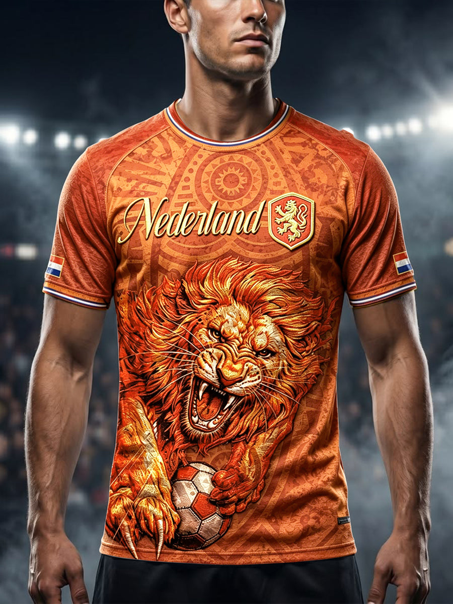 Oranje casual t-shirt voor heren met Nederlandse voetballeeuwprint