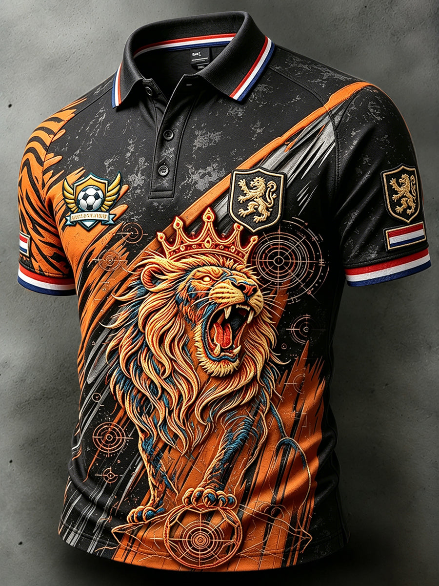 Zwart casual modieus poloshirt voor heren met Nederlandse voetbal- en leeuwenprint