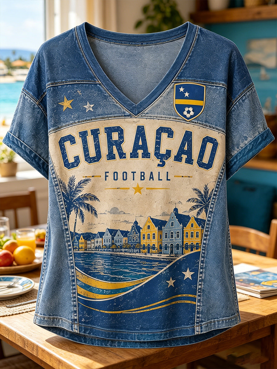 Dames-T-shirt met eilandvoetbalthema, V-hals en korte mouwen