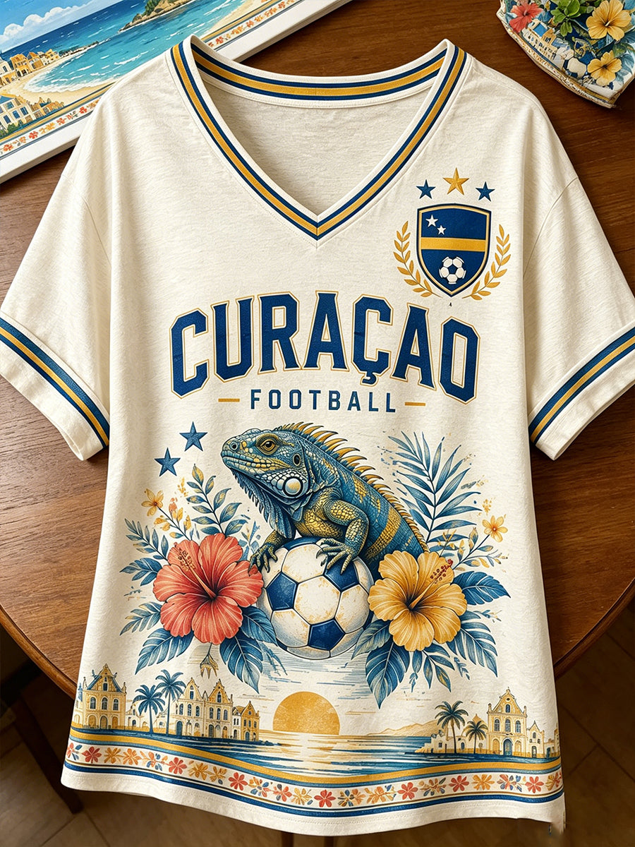 Dames-T-shirt met eilandvoetbalthema, V-hals en korte mouwen