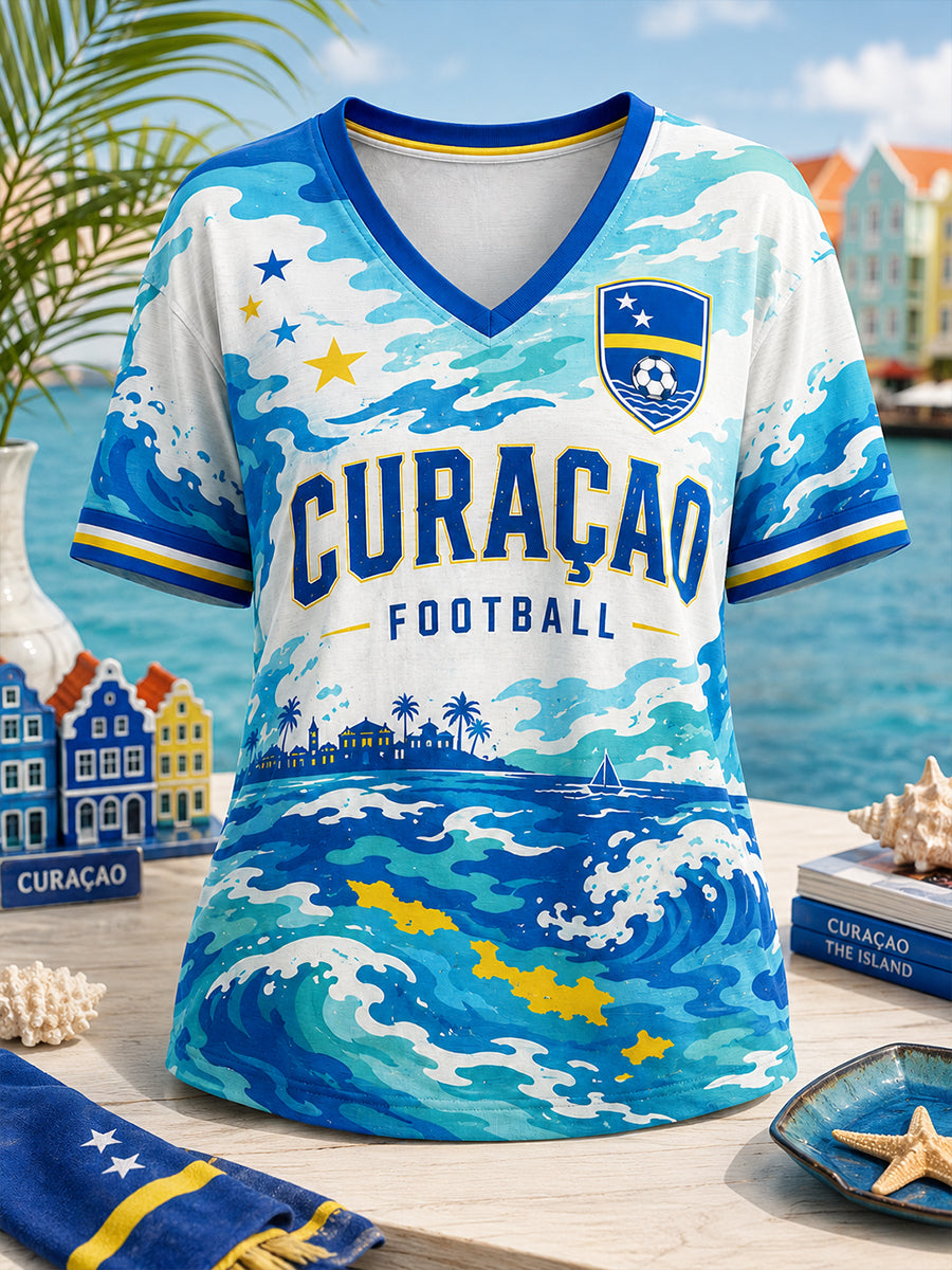 Dames Eiland Voetbal-thema print V-hals T-shirt met korte mouwen