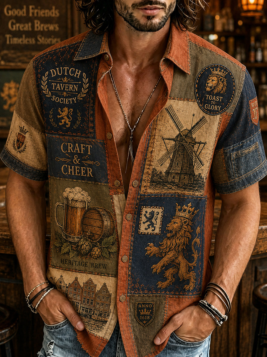 Herenoverhemd met retro leeuwen- en taverneprint en korte mouwen