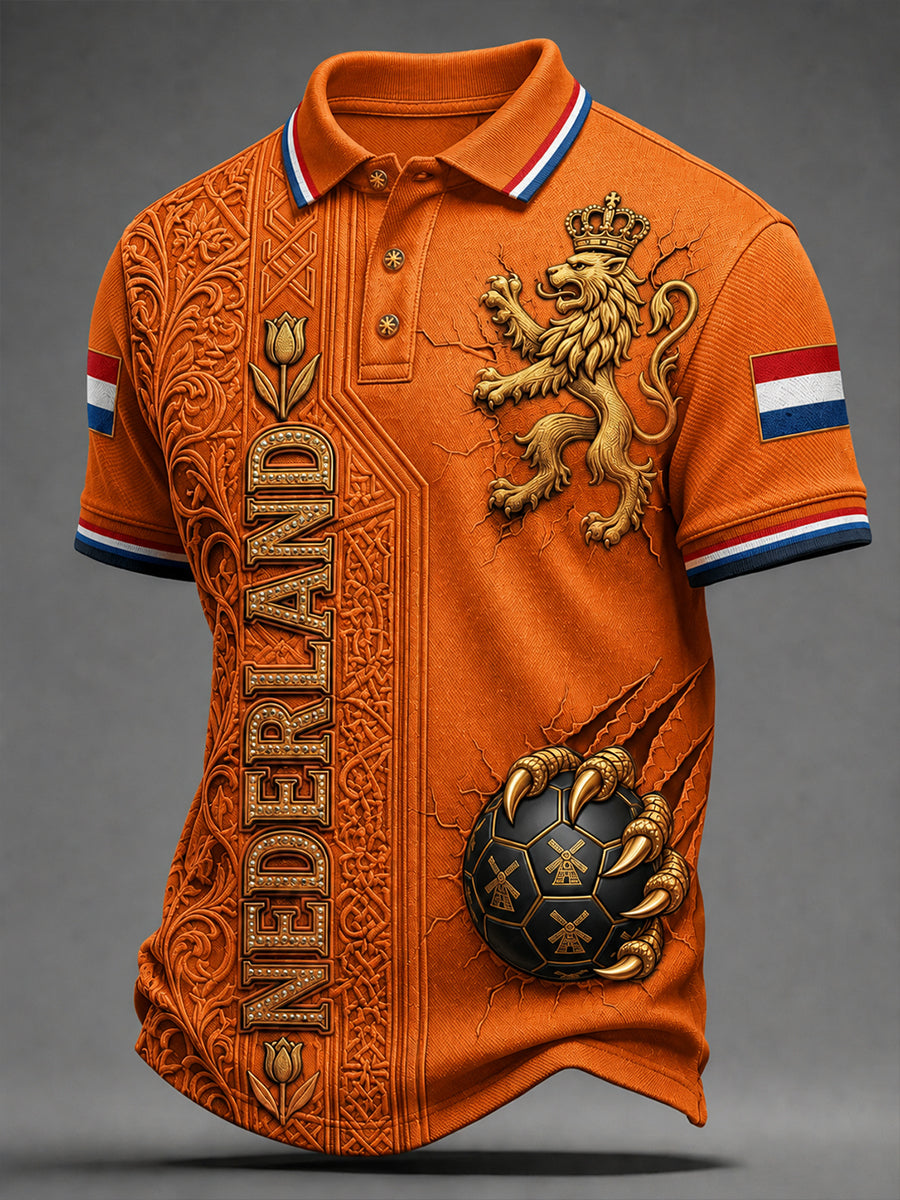Herenpoloshirt met korte mouwen en voetbalprint