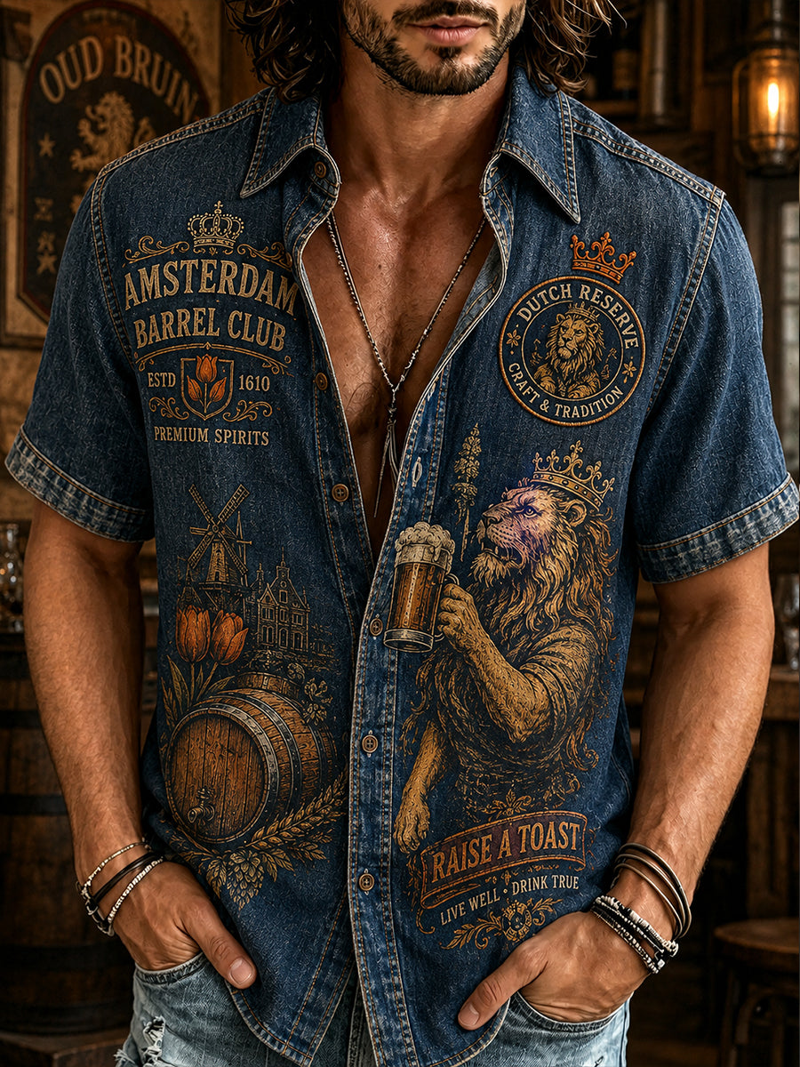 Herenoverhemd met retro leeuwen- en taverneprint en korte mouwen