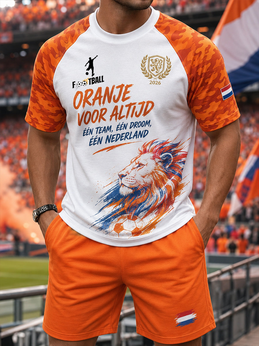 Voetbalthema herenpak met raglanmouwen en korte mouwen