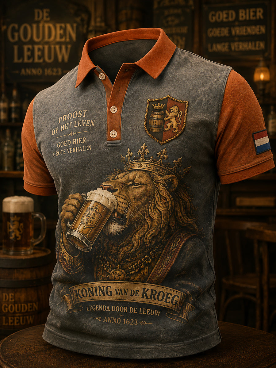 Heren retro leeuw tavern print poloshirt met korte mouwen