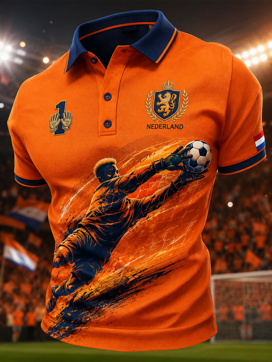 Herenpoloshirt met korte mouwen en voetbalprint