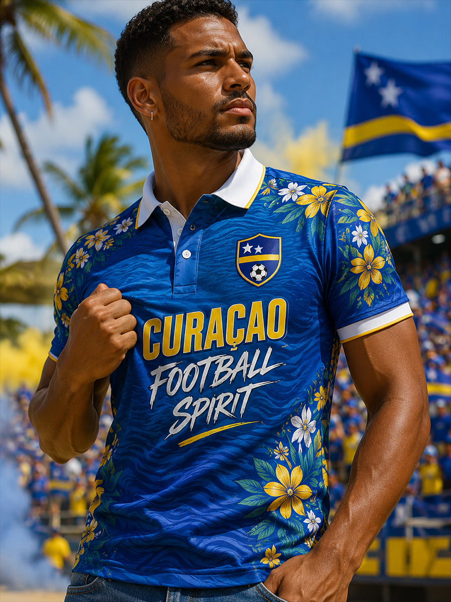 Herenpoloshirt met korte mouwen en voetbalprint