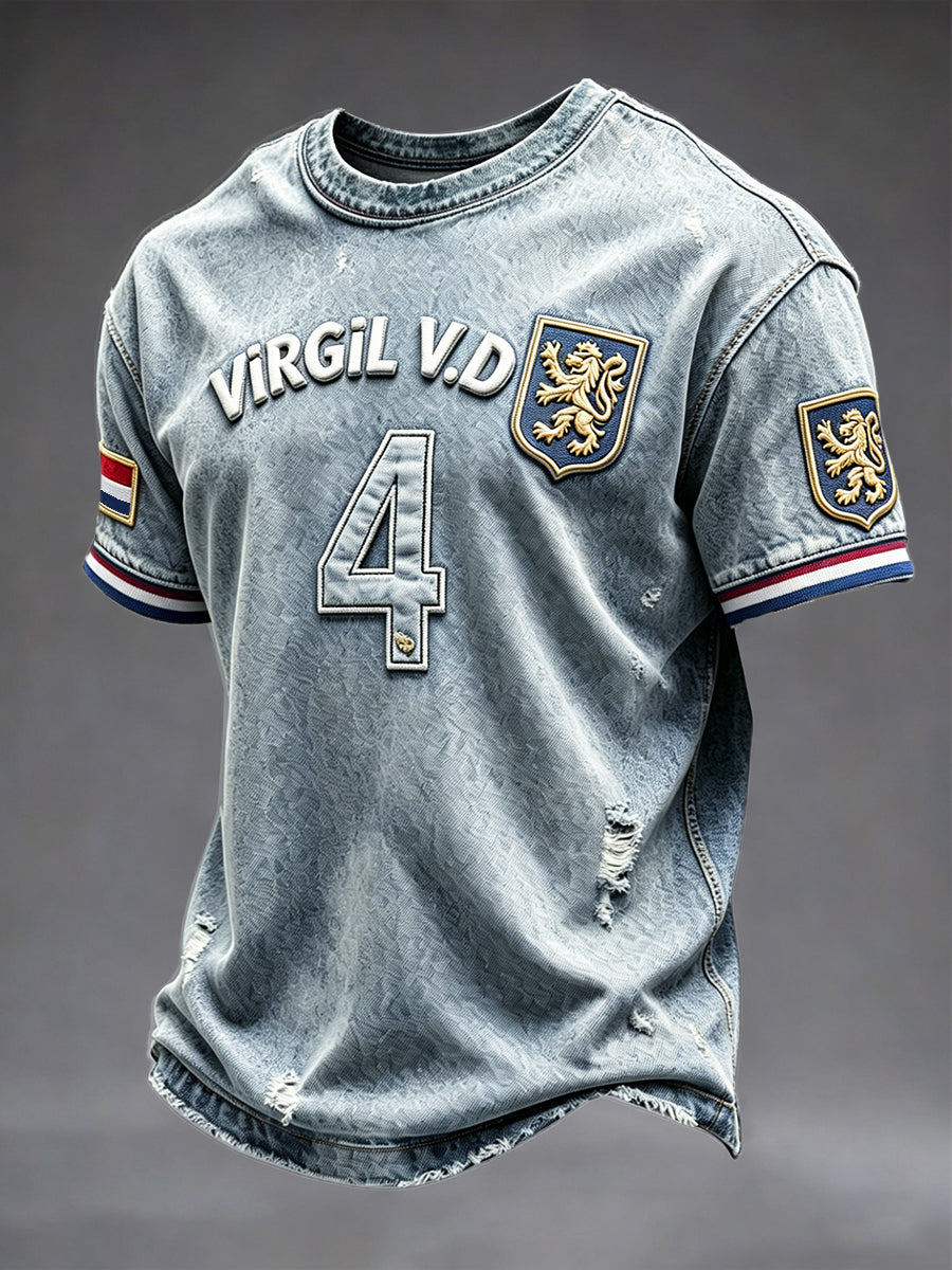 Heren T-shirt met denimprint en voetbalthema van Virgil van Dijk