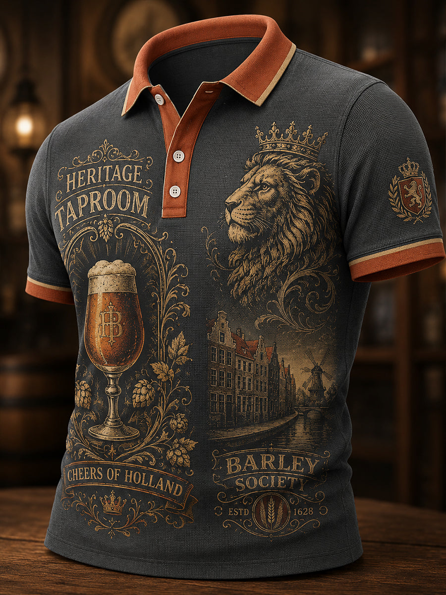 Herenpolo met korte mouwen en retroprint in pubstijl