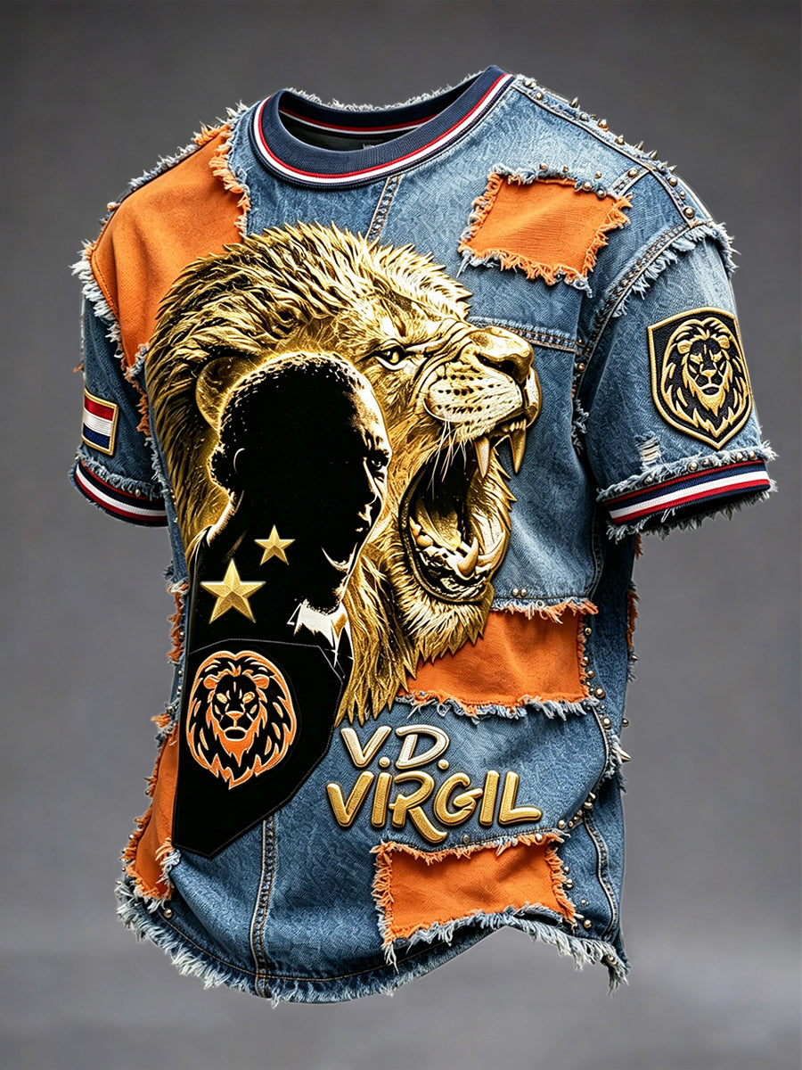 Herenvintage Nederlands voetbal T-shirt met denim patchworkprint en afbeelding van Virgil van Dijk, casual stijl