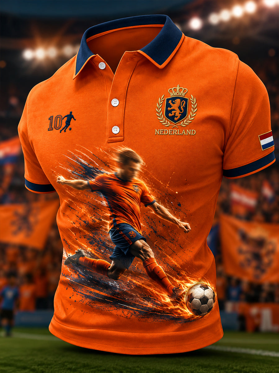Herenpoloshirt met korte mouwen en voetbalprint