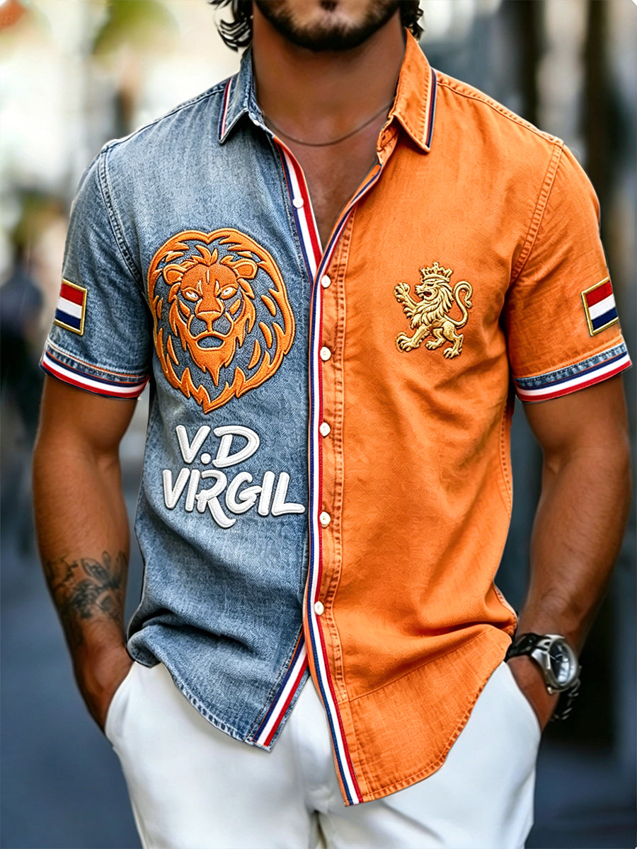 Heren T-shirt in Nederlandse voetbalstijl met denim patchworkprint en korte mouwen, casual model