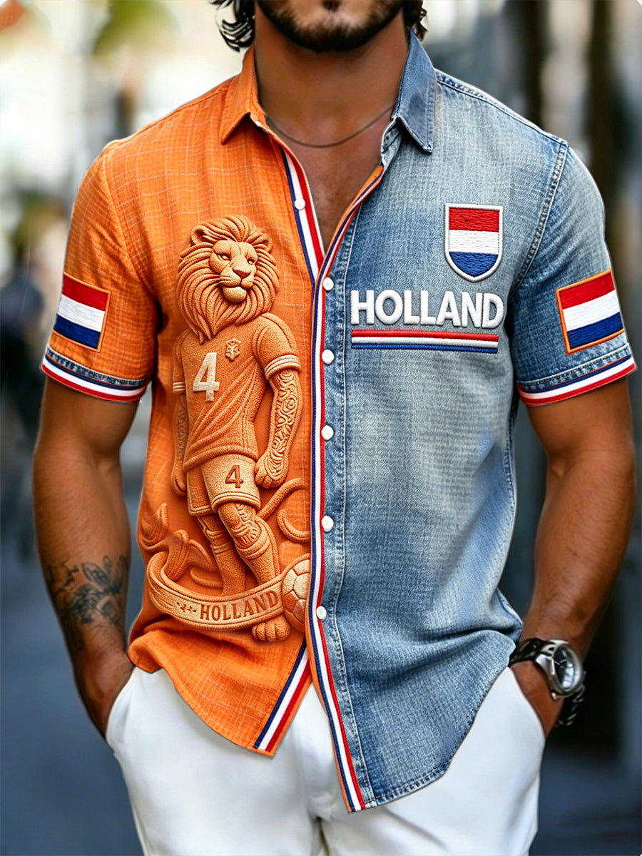 Heren Hollandse vlag voetbal leeuw 3D-print casual shirt met korte mouwen