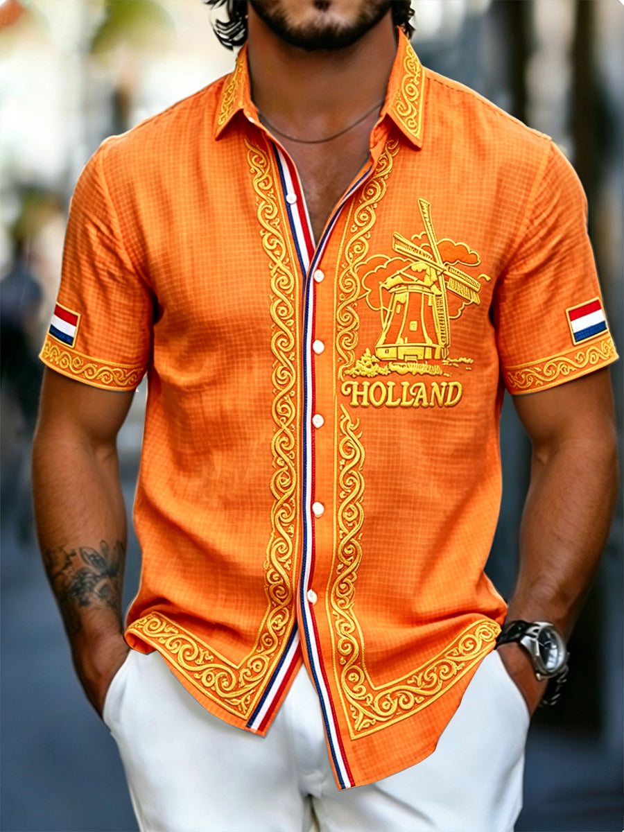 Herenoranje Hollandprint modieus shirt met korte mouwen