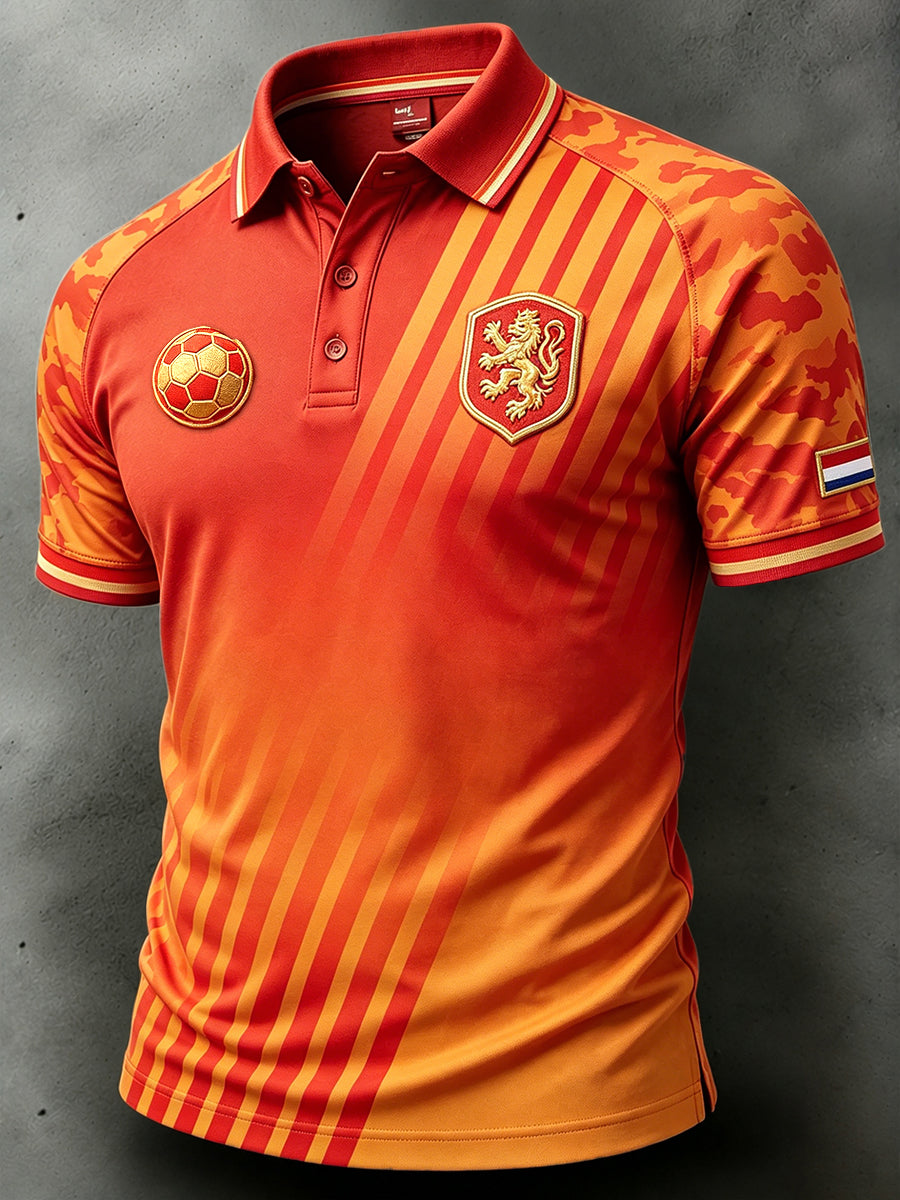 Oranje voetbalprint poloshirt voor heren, casual stijl