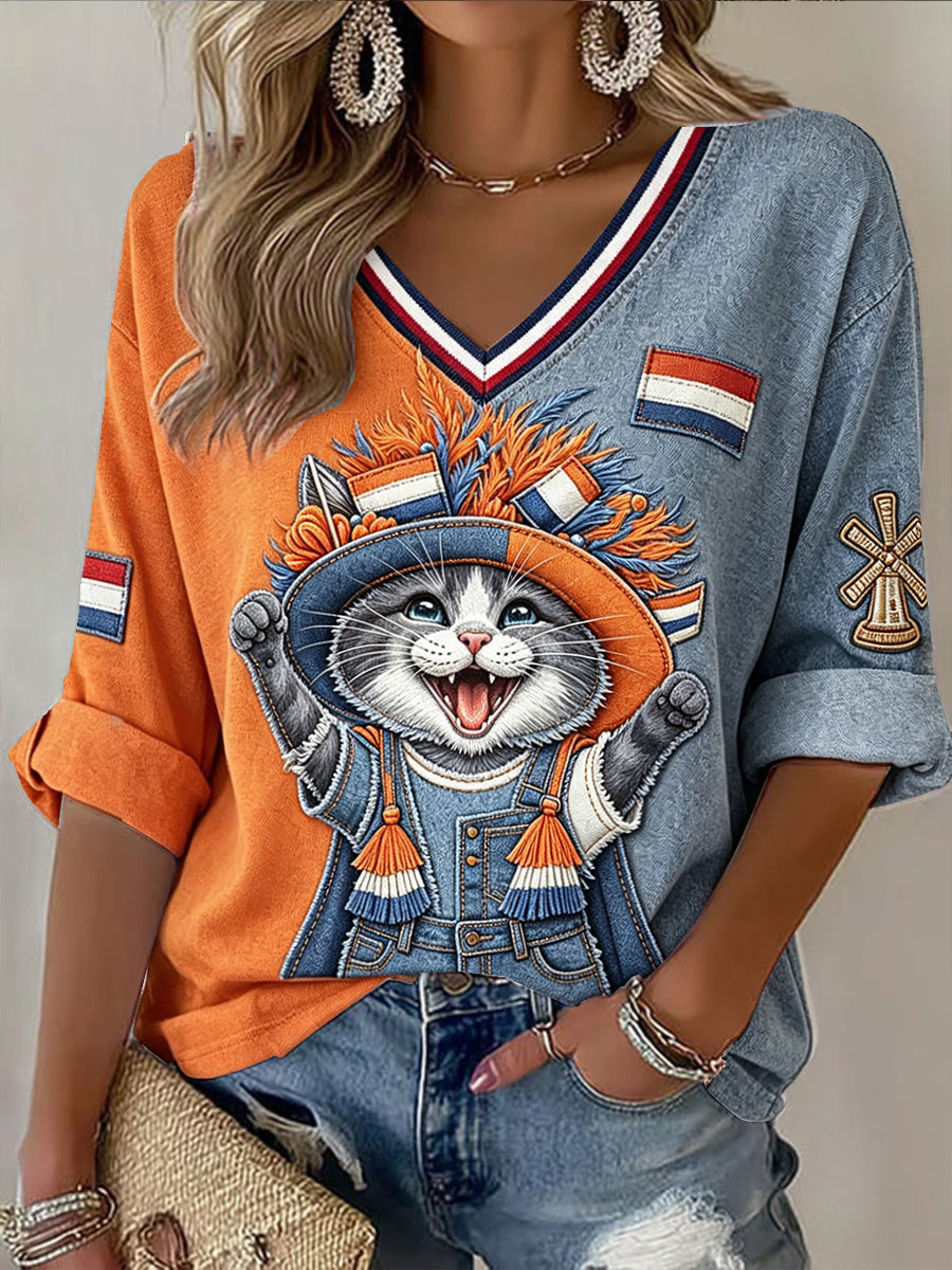 Damespatchwork Nederlands Zomercarnaval kattenprint casual t-shirt met V-hals