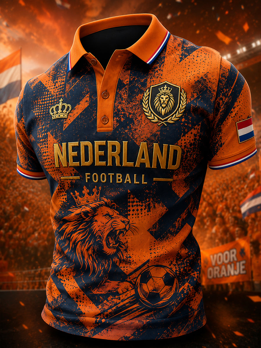 Herenpoloshirt met leeuwenprint en korte mouwen