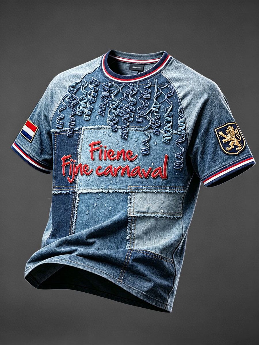 Herenzomerse katoenen patchworkprint casual T-shirt voor het Nederlandse carnaval