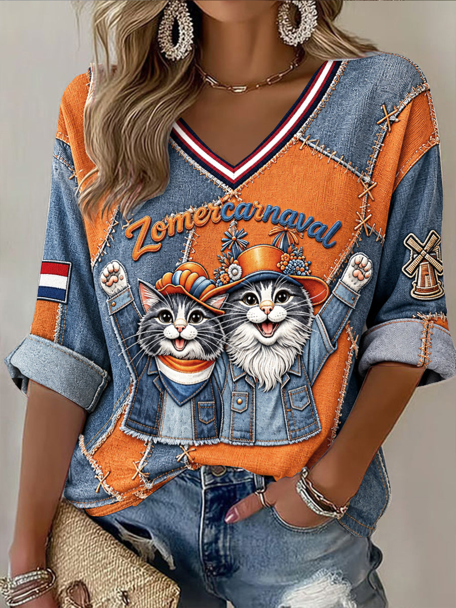 Dames Nederlands Zomercarnaval T-shirt in spijkerstijl met kattenprint, patchwork en V-hals, casual stijl