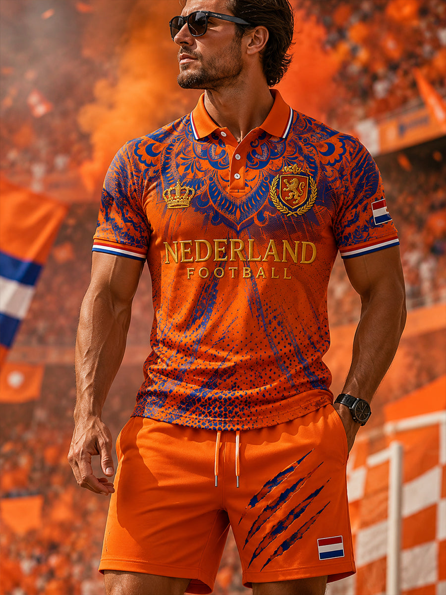 Mannen voetbal leeuwenprint sportief poloshirt met korte mouwen set
