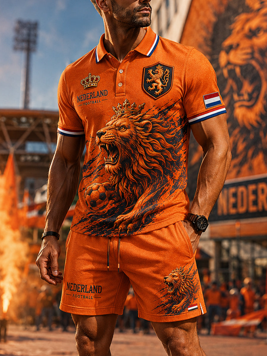 Mannen voetbal leeuwenprint sportief poloshirt met korte mouwen set