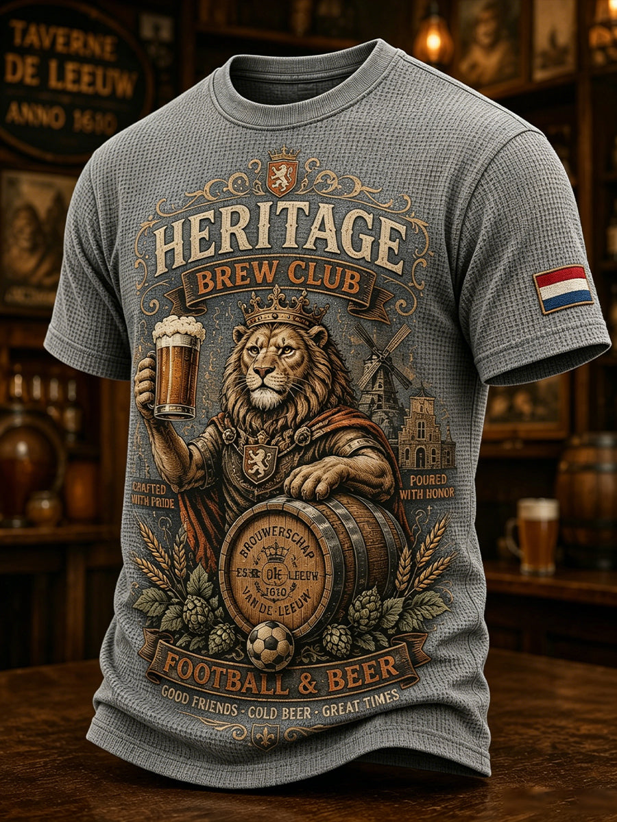 Herenretro wafeltop met leeuwen- en taverneprint en korte mouwen