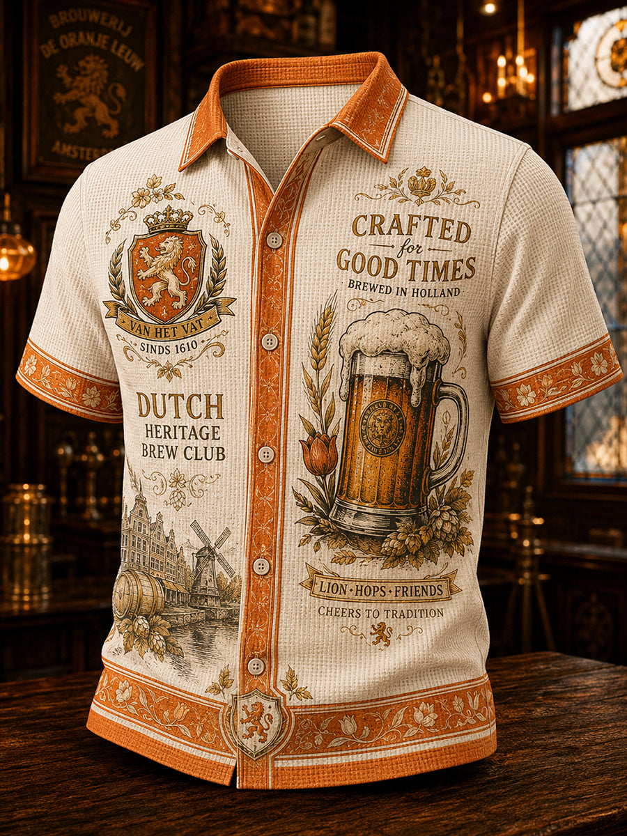 Herenretro wafeloverhemd met leeuwen- en taverneprint en korte mouwen