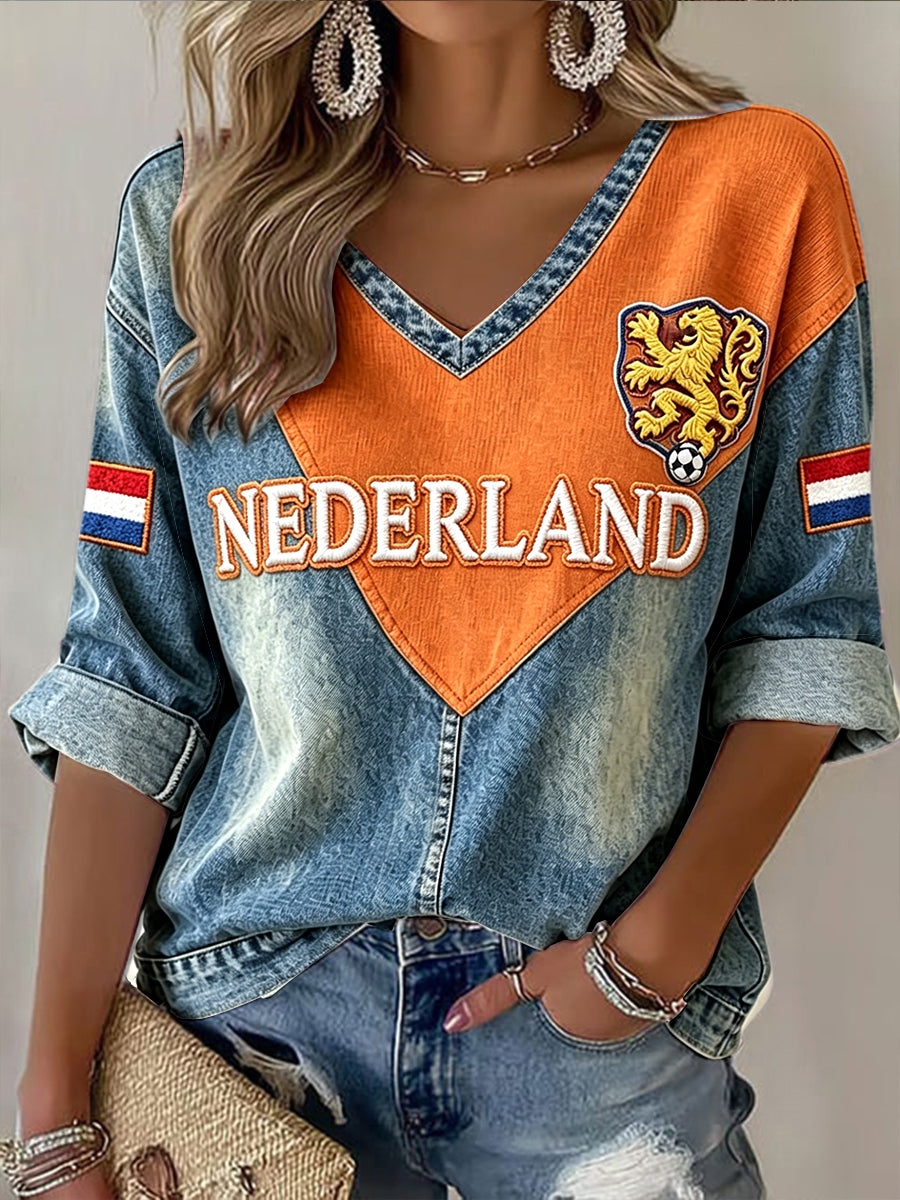Dames-T-shirt in Nederlandse stijl van denim met patchworkprint en V-hals