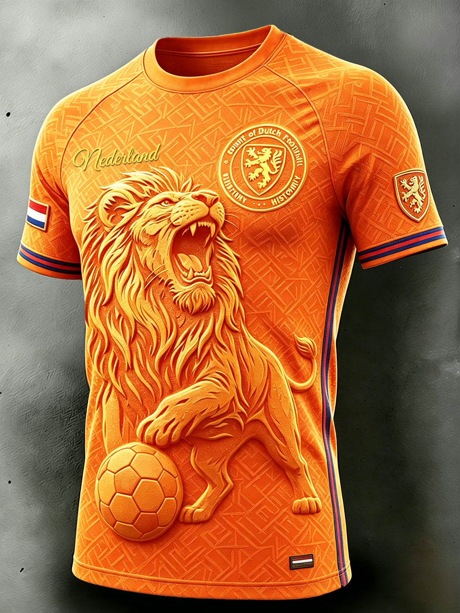 Heren Oranje Nederlandse Voetbal Leeuw 3D Print Casual Drop-Shoulder T-Shirt