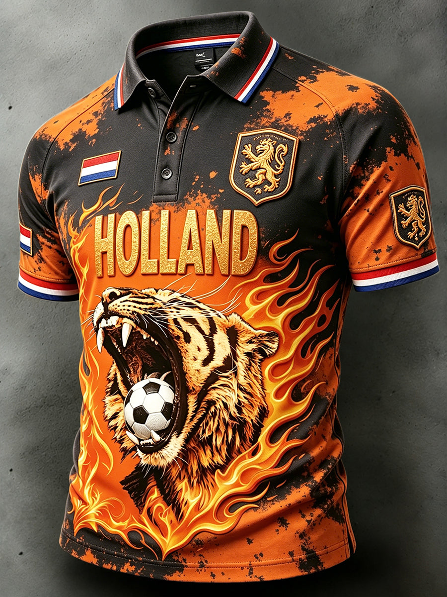 Heren 2026 Nederland Voetbal Tijgerprint Casual Poloshirt