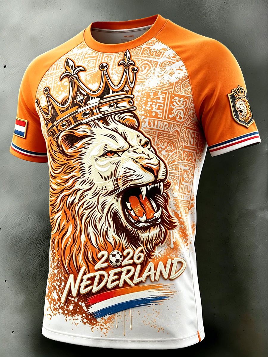 Casual t-shirt voor heren met druppelschouder en Dutch Lion-voetbalgradiëntprint
