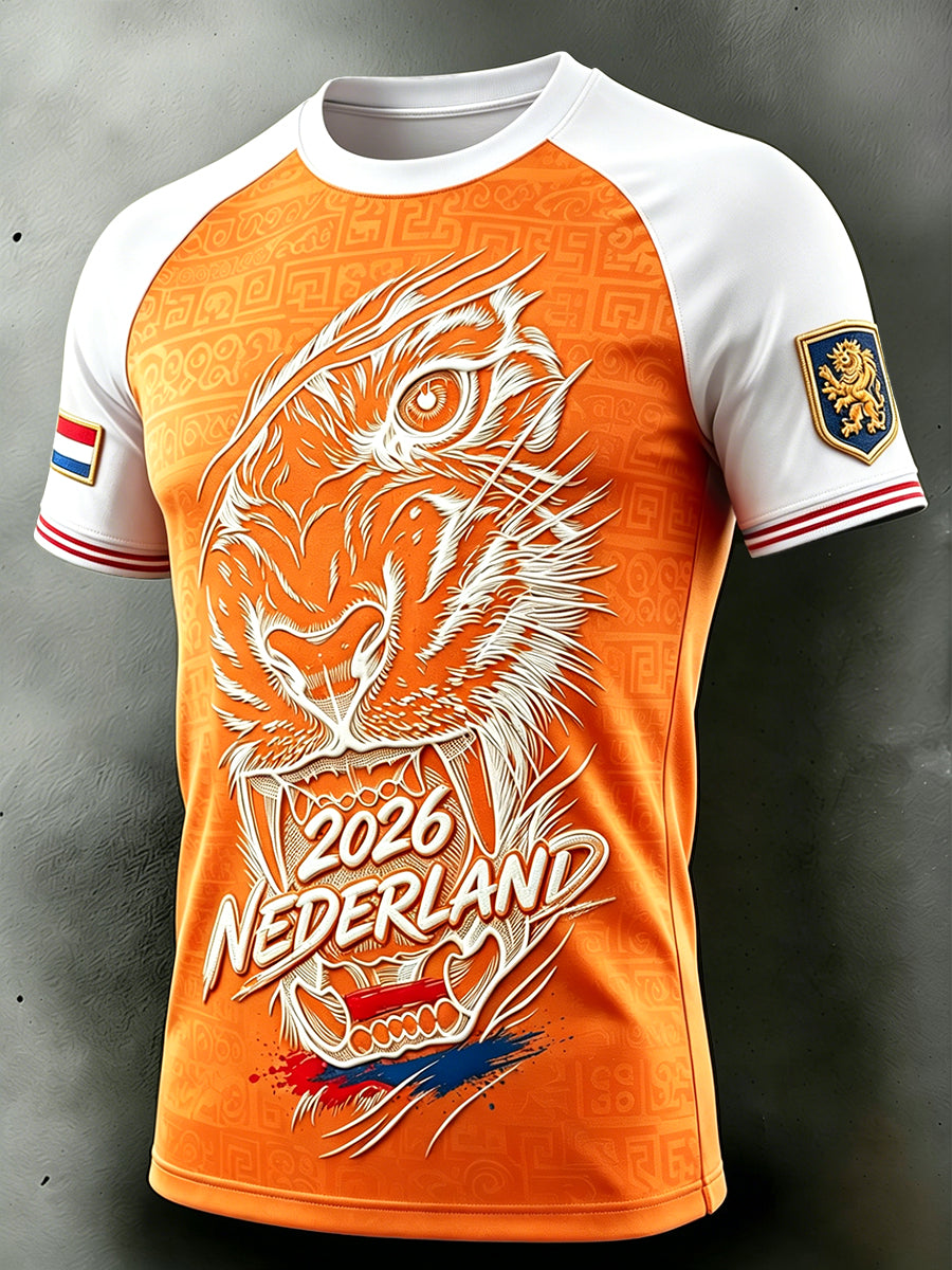 Heren Nederlands 2026 Leeuwen voetbal patchworkprint casual t-shirt met vrije schouders