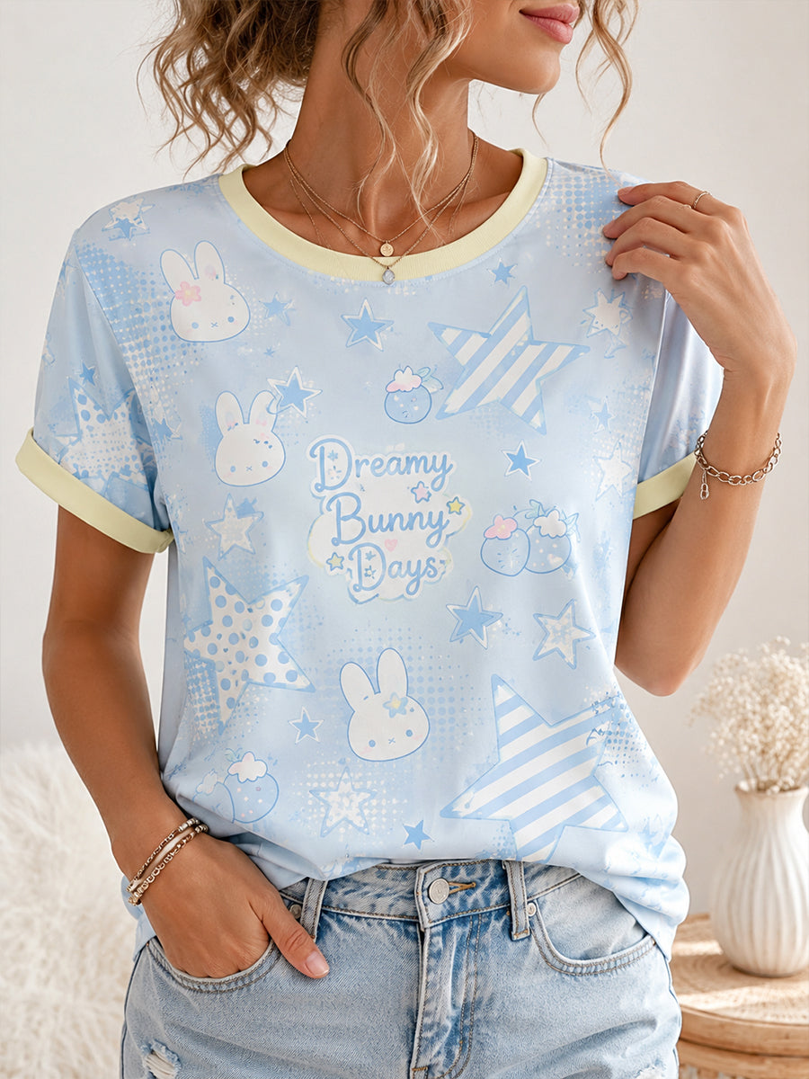 Schattig konijntjesprint t-shirt met korte mouwen voor dames